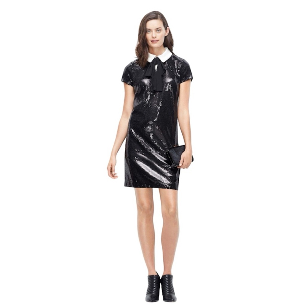 ANN TAYLOR | Black Sequin Dress Cap Sleeves Peter Pan Collar Wednesday Adams 8P